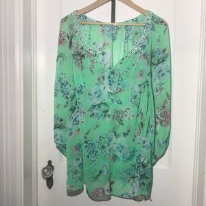 Charter Club 2X Light Green Floral Print Top With Sparkle Accents Around Neck